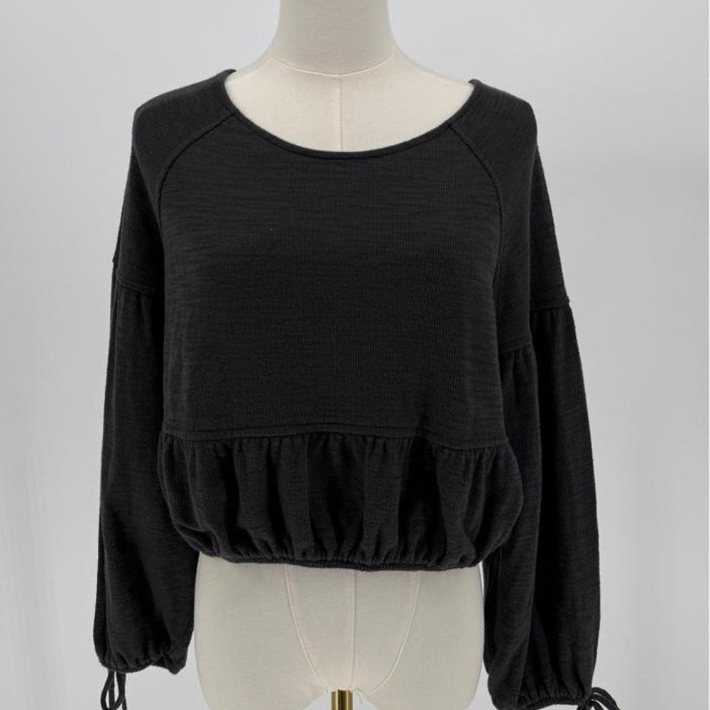 Aerie Womens XS Black Ruffle Hem Tie Sleeve Long Sleeve Textured Top